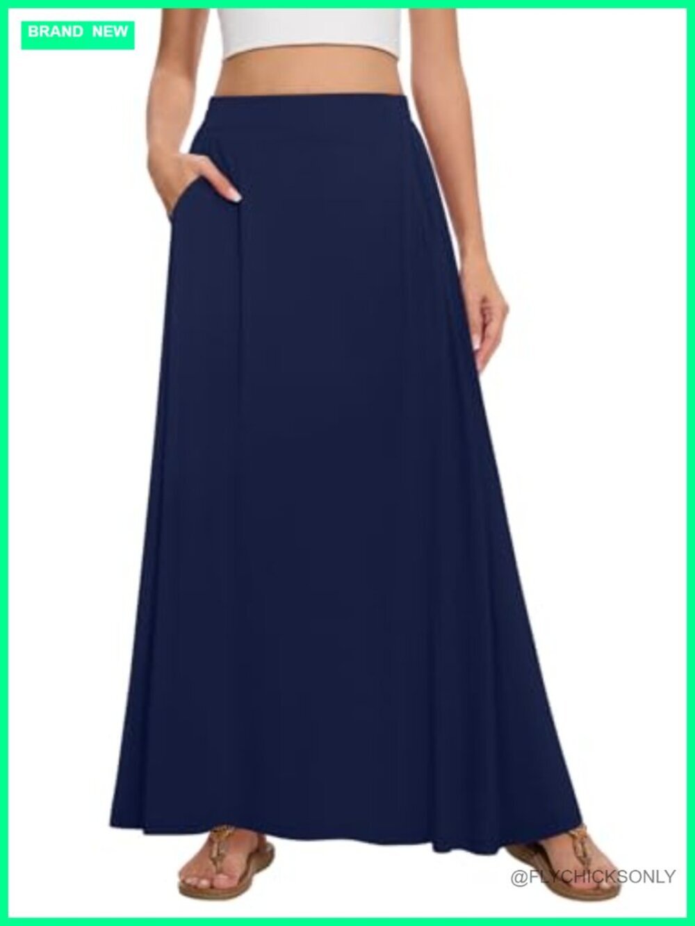 High Waist Elastic A-Line Maxi Skirt with Pockets Flowy Long Skirt